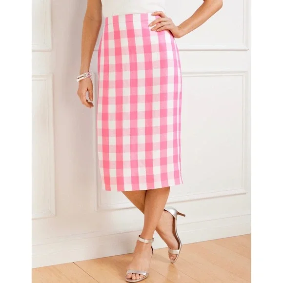 Talbots Pink White Gingham Check Pencil Skirt Size 16 Lined Back Vent Midi - Picture 3 of 10